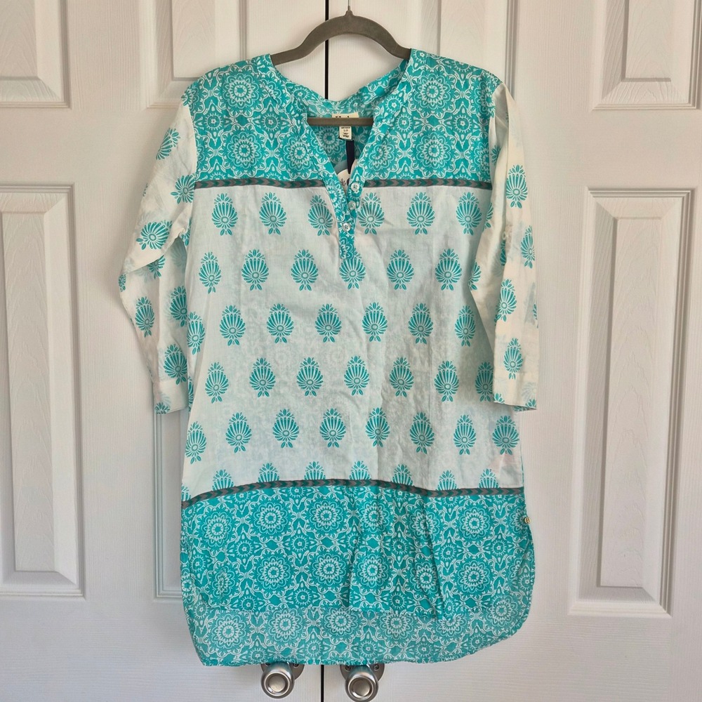Hatley Women Turquoise‎ White Cotton Block Print Tunic Top 3/4 Sleeve S NWT Boho
